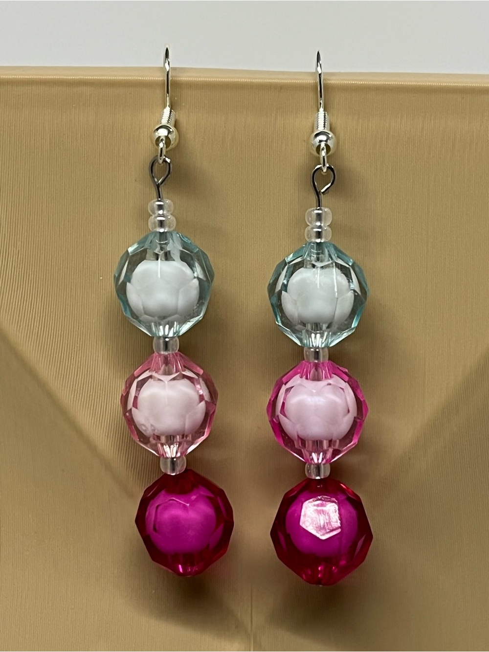 "Blushing Pixie" Hand Crafted Blue, Light Pink & Fuchsia Beaded Dangle Earrings